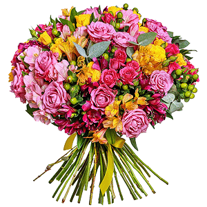 Pink rose 50 cm - 19, Bright pink spray rose mix, 50 cm - 6, Alstromeria Red, Bright Pink - 5, Alstromeria Yellow, Orange - 5, Alstromeria lilac, purple - 4, Spray rose: yellow, orange 50 cm - 6, Hypericum, Eucalyptus Cinerea, Ribbon