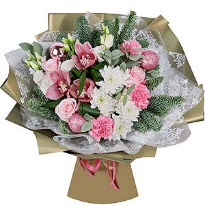Pink Cymbidium Orchid Bud - 5, lisianthus - 3, Baltica White Spray Chrysanthemum - 3, Pink carnation - 4, Pink rose 50 cm - 4, Flask for orchids, Aspidistra (1 pc.), Eucalyptus Cinerea, Spruce branches (1pc.), Christmas decor (set), Wrapping Paper