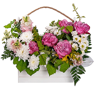 Baltica White Spray Chrysanthemum - 5, Pink rose Country Blues 50 cm - 5, Pink Matthiola - 4, Santini White Spray Chrysanthemum - 4, Wooden pot, Oasis, Solidago (1 pc.),  Raspberry branch, Yellow Statice