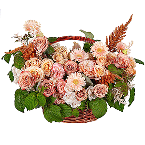 Gerbera white - 23, Rose Pink 50 cm Ecuador (Chelo, Hermosa, Novia, Titanik, Engagement, Pink Mondiale) - 9, lisianthus - 4, Spray rose: white, cream, light pink 50 cm - 9, Medium Basket, Oasis, Astilbe, Dried flowers in assortment,  Raspberry branch
