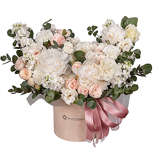 Peony white - 3, Baltica White Spray Chrysanthemum - 4, Peony sprayrose - 4, White Matthiola - 9, Carnation white, cream - 15, lisianthus - 5, Round flower box medium, Oasis, Eucalyptus, Ribbon