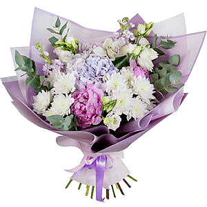 Blue/purple hydrangea - 3, Peony pink - 3, White Cymbidium Orchid Bud - 2, Baltica White Spray Chrysanthemum - 2, Matthiola Lilac - 3, lisianthus - 4, Baltica Pink Spray Chrysanthemum - 2, Flask for orchids, Aspidistra (1 pc.), Eucalyptus Cinerea, Wrapping Paper