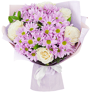 Bacardi Pink Spray Chrysanthemum - 8, White rose 50 cm - 9, Ribbon, Wrapping Paper, Ruscus