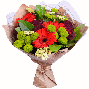 Arrangement of black roses and red gerberas with delivery Magnitogorsk