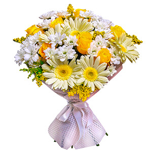 Роза желтая 50 см - 11, Гербера желтая - 9, Хризантема кустовая Бакарди белая - 9, Солидаго, Фетр, Лента