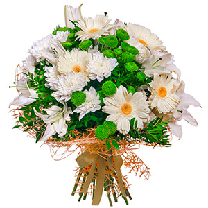Lilies - 5, Athos pom Feeling Green - 3, Baltica White Spray Chrysanthemum - 6, Gerbera white - 8, Pistachio, Mesh (Abaka), Ribbon