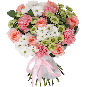 Pink carnation - 5, Bacardi White Spray Chrysanthemum - 4, Athos poms Green Lizard - 6, Pink rose 50 cm - 9, Ruscus, Felt, Ribbon