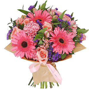 Pink rose 50 cm - 11, Pink carnation - 8, Gerbera pink - 6, Alstromeria white, soft pink - 6, Blue Statice, Pistachio, Wrapping Paper, Ribbon