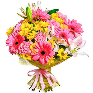 Gerbera pink - 7, Pink carnation - 8, Lilies - 4, Bacardi Yellow Spray Chrysanthemum - 6, Pistachio, Mesh (Abaka), Ribbon