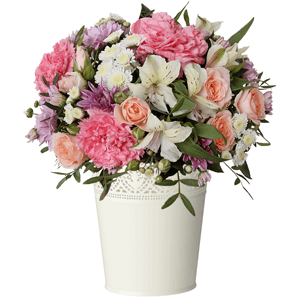 Pink carnation - 4, Bacardi Pink Spray Chrysanthemum - 2, Athos poms Stallion - 2, Bright pink spray rose mix, 50 cm - 3, Alstromeria white, soft pink - 2, Pistachio, Ruscus, Oasis, Metal planter
