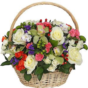 Green Cymbidium Orchid Bud - 4, White rose 50 cm - 9, Bright pink spray rose mix, 50 cm - 5, Purple Lisianthus (Eustoma) - 2, Athos pom Feeling Green - 3, Spray rose: yellow, orange 50 cm - 4, Spray rose: white, cream, light pink 50 cm - 5, Spray rose: white, cream, light pink 50 cm - 4, Blue Statice, Hypericum, Ruscus, Pistachio, Oasis, Large Basket
