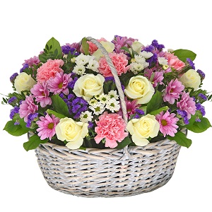 White rose 50 cm - 9, Pink carnation - 7, Bacardi Pink Spray Chrysanthemum - 5, Santini White Spray Chrysanthemum - 4, Blue Statice, Pistachio, Salal, Large Basket, Oasis