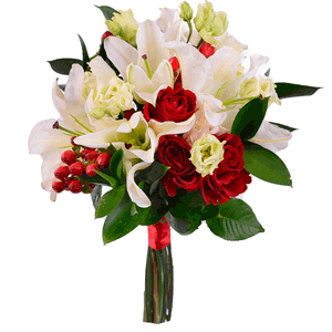 Букет невесты Счастливый день с лилиями, розами и лизиантусами