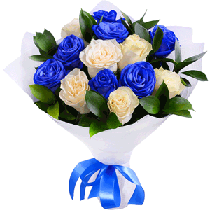 Rose blue - 9, White rose 50 cm Ecuador - 8, Ruscus, Wrapping Paper