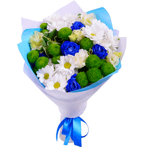Rose blue - 7, Bacardi White Spray Chrysanthemum - 4, Athos pom Feeling Green - 3, lisianthus - 2, Pittosporum, Wrapping Paper