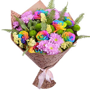 Rainbow rose - 11, Baltica Pink Spray Chrysanthemum - 4, Athos pom Feeling Green - 2, Ambrella, Pittosporum, Yellow Statice, Wrapping Paper