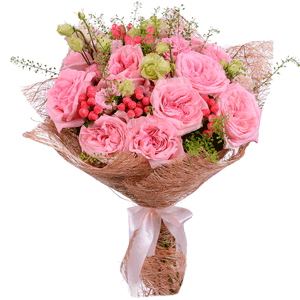 David Austin peonyroses - 13, Pink Lisianthus (Eustoma) - 6, Green bell (1 pc.), Hypericum, Mesh (Abaka), Ribbon