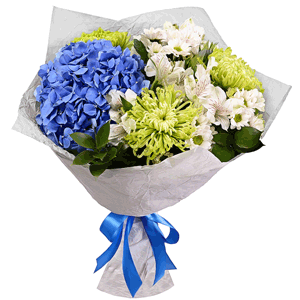 Blue/purple hydrangea - 1, Alstromeria white, soft pink - 6, Santini White Spray Chrysanthemum - 5, Yellow chrysanthemum  single-headed Anastasia - 3, Ruscus, Wrapping Paper