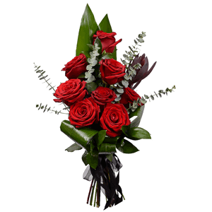 Red rose 50 cm - 11, Aspidistra (1 pc.), Eucalyptus baby blue (1 pc.), Ruscus, Ribbon, Leukodendron