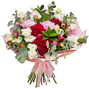 Peony pink - 21, lisianthus - 9, Ruscus, Eucalyptus Cinerea, Wrapping Paper