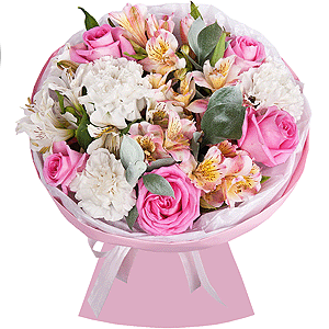 Pink rose 50 cm - 7, Carnation white, cream - 4, Alstromeria white, soft pink - 5, Ruscus, Wrapping Paper, Ribbon