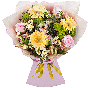 Gerbera yellow - 3, Pink rose 50 cm - 5, Alstromeria white, soft pink - 4, Athos pom Feeling Green - 2, Pistachio, Wrapping Paper, Yellow Statice