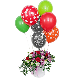 Red rose 50 cm - 10, Pink Cymbidium Orchid Bud - 10, lisianthus - 6, Round flower box medium, Film, Oasis, Eucalyptus Cinerea, Flask for orchids, Aspidistra (1 pc.), Helium Balloon (1 pc.), Ruscus italian, Ribbon