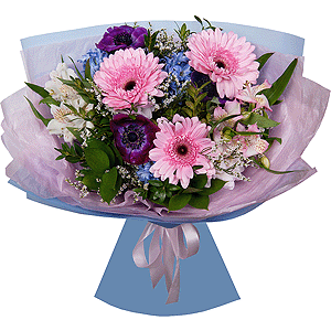 Gerbera pink - 3, Blue anemone - 4, Blue Hyacinth - 4, Alstromeria white, soft pink - 4, Freesia - 2, Limonium (1 pc.), Pistachio, Ruscus, Wrapping Paper