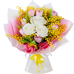 White rose 50 cm - 3, Pink tulip - 10, Mimosa - 3, Wrapping Paper, Ribbon