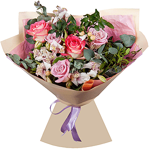 Pink rose 50 cm - 7, Alstromeria white, soft pink - 6, Hypericum, Pistachio, Wrapping Paper, Eucalyptus