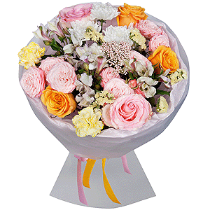 Yellow rose 50 cm - 5, Pink rose 50 cm - 3, Baltica White Spray Chrysanthemum - 2, Peony sprayrose - 3, Alstromeria white, soft pink - 5, Yellow carnation - 4, Yellow Statice, Ozotamnus, Wrapping Paper