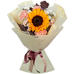 Sunflower - 1, Newton White Spray Chrysanthemum - 3, Pink carnation - 7, Pink Matthiola - 2, Salal, Wrapping Paper