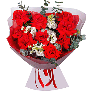 Red rose Nina 50 cm - 13, White Matthiola - 5, Eucalyptus Cinerea, Wrapping Paper