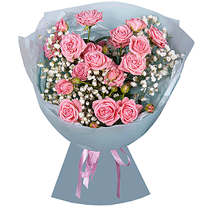 Bright pink spray rose mix, 50 cm - 5, Gypsophila - 3, Wrapping Paper
