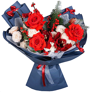 Red rose Nina 50 cm - 3, Red amaryllis - 1, Peony sprayrose - 4, Spruce branches (1pc.), Artificial branch, Ilex, Wrapping Paper