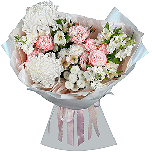 Baltica White Spray Chrysanthemum - 1, Chrysanthemum white Bigoudi - 2, White Matthiola - 3, Alstromeria white, soft pink - 11, Peony sprayrose - 3, Newton White Spray Chrysanthemum - 1, Wrapping Paper