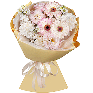 Gerbera pink - 7, Pink Lisianthus (Eustoma) - 2, Carnation white, cream - 7, Baltica White Spray Chrysanthemum - 1, Wrapping Paper