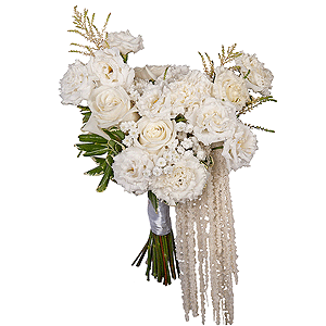 White rose 50 cm Ecuador - 7, Carnation white, cream - 7, lisianthus - 5, Gypsophila - 1, Salal, Astilbe, Amaranth stabilized, Ribbon