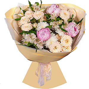 Peony pink - 3, Spray rose: white, cream, light pink 50 cm - 3, Alstromeria white, soft pink - 9, Baltica White Spray Chrysanthemum - 1, Wrapping Paper