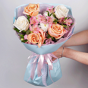 Pink-orange rose Phoenix 50 cm - 4, White rose 50 cm Ecuador - 3, Baltica White Spray Chrysanthemum - 1, Alstromeria white, soft pink - 8, Wrapping Paper