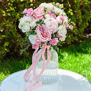 Peony rose pink 'OHara' - 5, Peony pink - 4, White spray carnation - 4, Pink spray carnation - 5, lisianthus - 3, Eucalyptus parvifolia (1 pc.), Ribbon