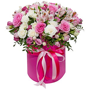 Pink rose 50 cm - 15, Alstromeria white, soft pink - 6, Spray rose: white, cream, light pink 50 cm - 12, Pink Lisianthus (Eustoma) - 7, Round flower box medium, Oasis, Film, Pistachio, Ribbon