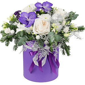 Vanda Orchid bud - 2, lisianthus - 5, Baltica White Spray Chrysanthemum - 3, Peony style roses - 5, Round flower box medium, Oasis, Flask for orchids, Asparagus umbelatus (1 pc.), Hypericum, Eucalyptus Cinerea, Ribbon, Spruce branches (1pc.), Christmas decor (set)