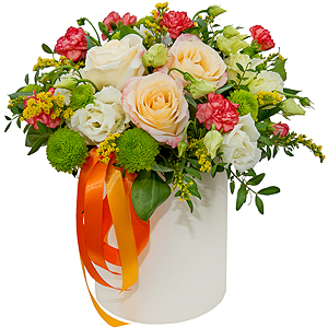 Rose Cream 50 cm - 5, Athos pom Feeling Green - 3, lisianthus - 4, Pink spray carnation - 4, Round flower box small , Oasis, Film, Solidago (1 pc.), Pistachio, Ribbon