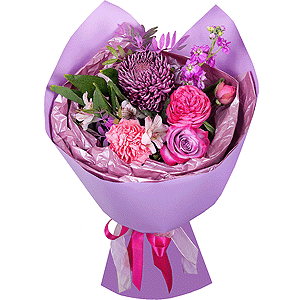 Chrysanthemum Bigoudi purple - 1, Matthiola Lilac - 1, Pink carnation - 1, Deep Purple rose - 3, Spray peony rose  - 1, Alstromeria white, soft pink - 1, Pistachio, Wrapping Paper, Ribbon