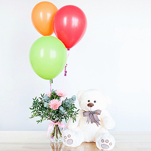 Gift set "Gerberas, teddy bear and balloons" with delivery Magnitogorsk