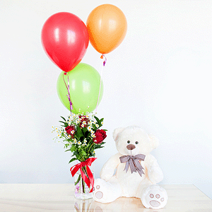 Gift set "Delicate bouquet, teddy bear and balloons" with delivery Magnitogorsk