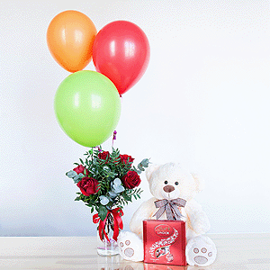 Gift set "Teddy bear, roses, sweets and balloons" with delivery Magnitogorsk
