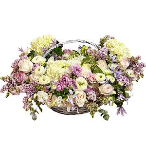  White Hydrangea - 7, Spray peony rose Misty Bubbles, 50 cm - 15, Lilac Bush - 15, Peony style roses - 27, lisianthus - 13, Ranunculus White - 13, Large Basket, Oasis, Eucalyptus Cinerea, Clematis branch