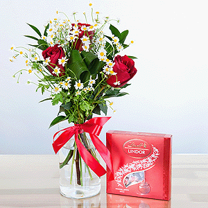 Red rose 50 cm - 5, Chamomile - 3, Aspidistra (1 pc.), Ruscus, Ribbon, Lindt Candy Box